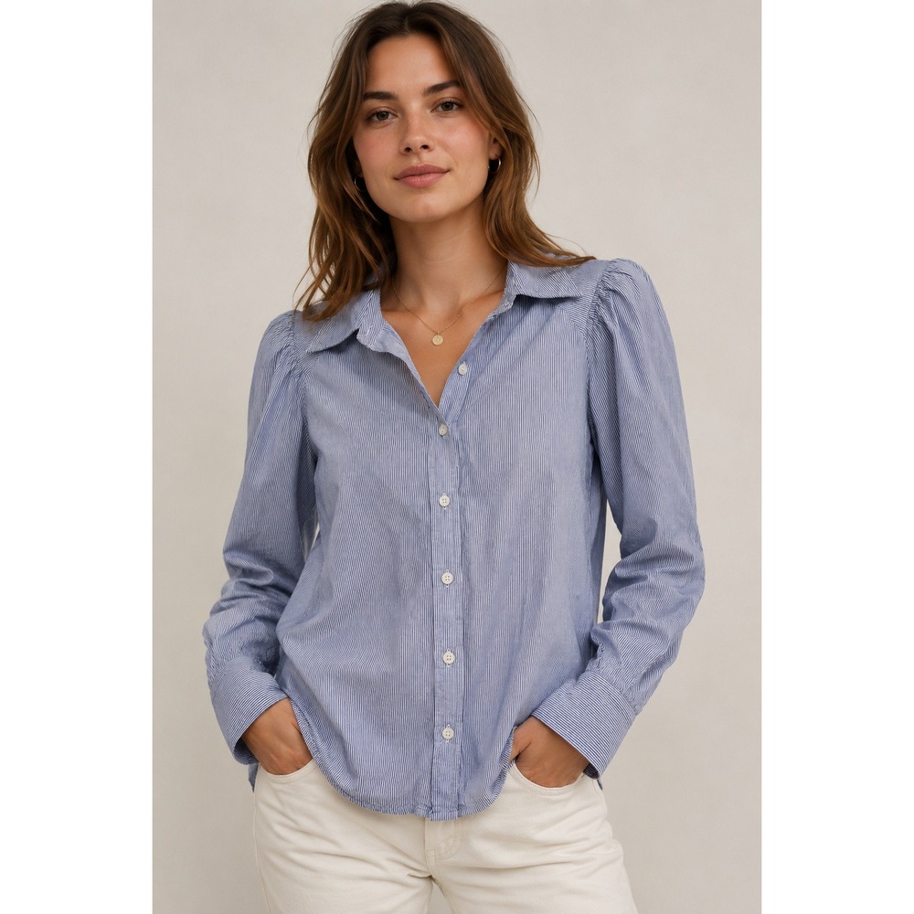 GANNI Blue & White Striped Cotton Long Sleeve Poplin Button-Up Shirt Size 36 S